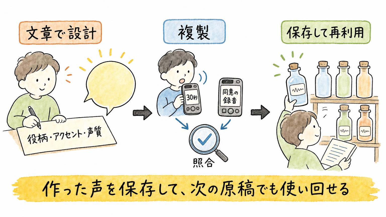 文章で声を設計し、約30秒の録音と本人の同意録音を照合して複製し、保存して次の原稿で再利用するまでの3段階を示した図