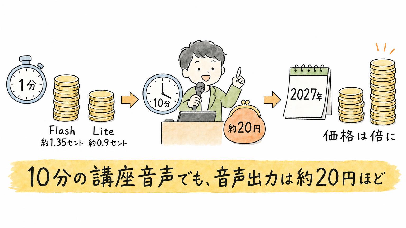 音声1分あたりFlash約1.35セント、Lite約0.9セント、10分の講座音声で約20円、2027年から価格が倍になることを硬貨で比べた図