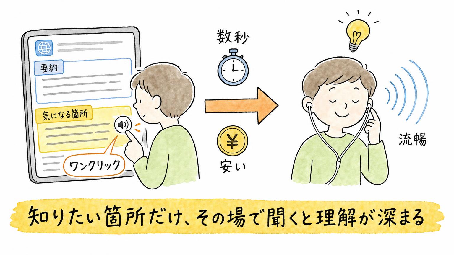 ニュースアプリで気になる箇所をワンクリックすると数秒で流暢な音声ができ、耳で聞いて理解が深まる流れを示した図