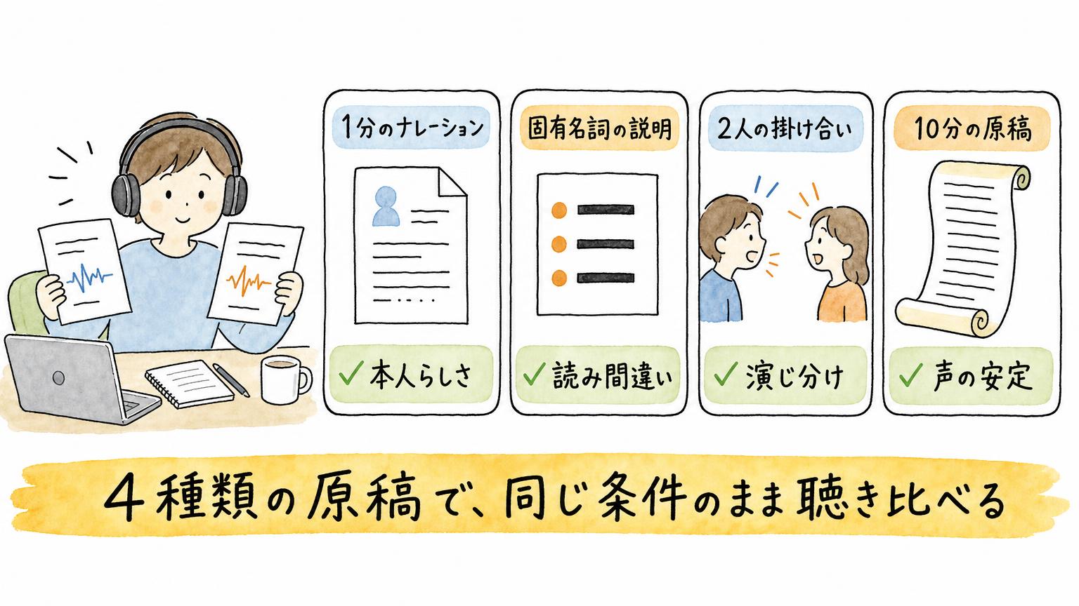 1分のナレーション・固有名詞の説明・2人の掛け合い・10分の原稿の4種類で、本人らしさ・読み間違い・演じ分け・声の安定を確かめる図