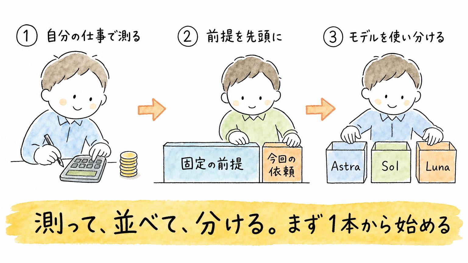 自分の仕事でコストを測る、固定の前提を先頭に置く、Astra・Sol・Lunaを使い分ける、という3つの試し方を順に示した図