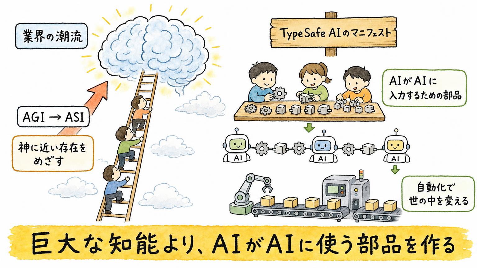 神に近い存在（AGIからASI）をめざす業界の潮流と、AIがAIに入力するための部品を作り自動化で世の中を変えるというTypeSafe AIのマニフェストを比べた図