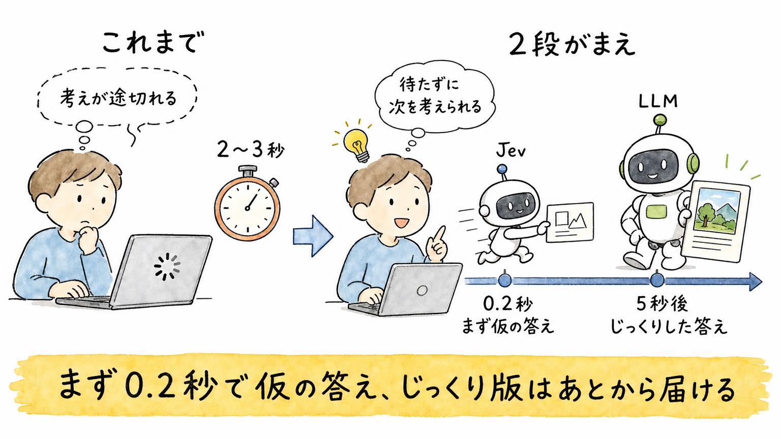 2〜3秒待たされて考えが途切れる従来の画面と、Jevが0.2秒で仮の答えを出し、5秒後にLLMがじっくりした答えを届ける2段がまえの回答を比べた図