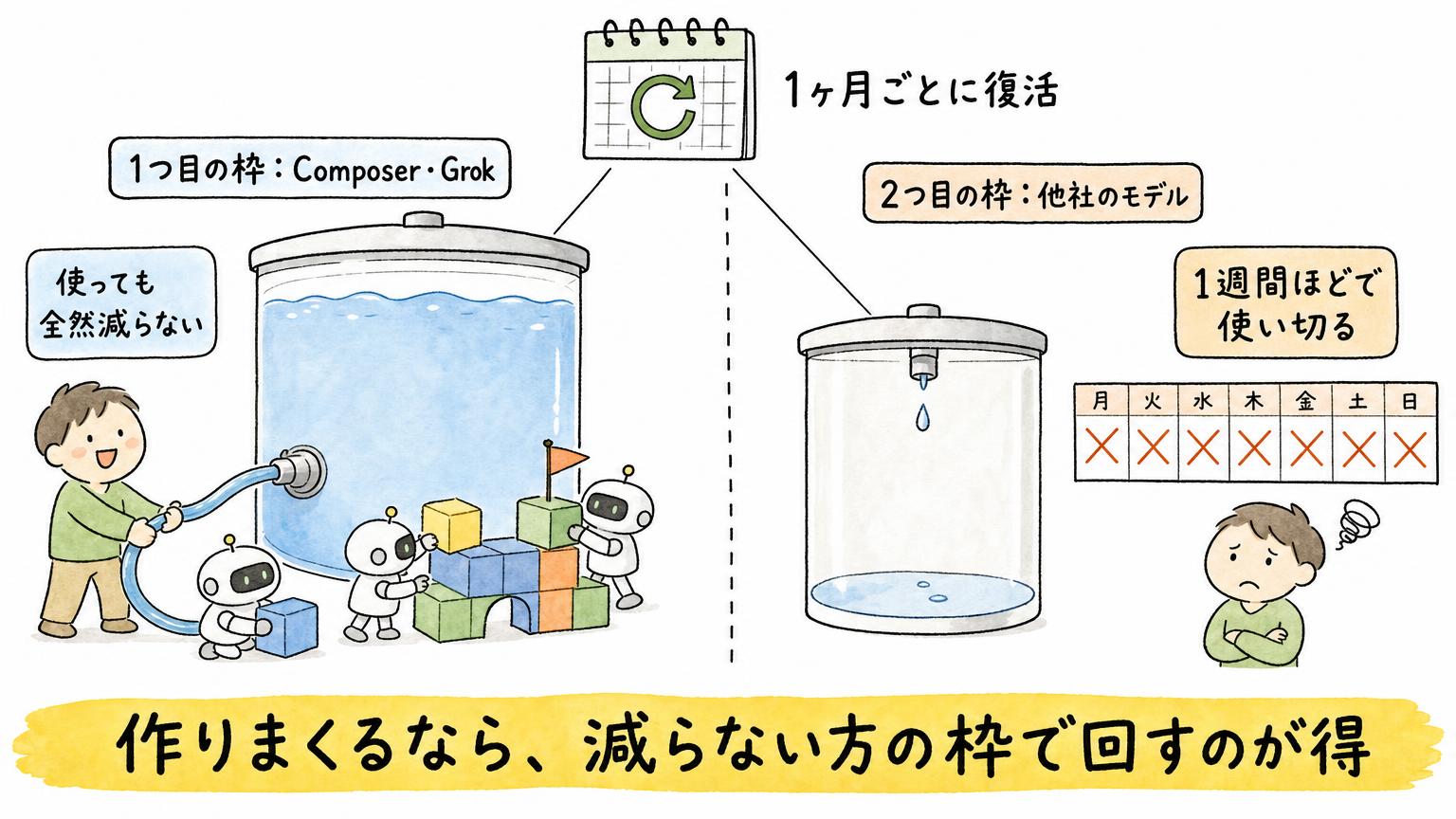 Cursorの2つのモデル枠のうち、Composer・Grokの1つ目の枠は使っても減らず、他社モデルの2つ目の枠は1週間ほどで使い切り、どちらも1ヶ月ごとに復活することを示す図