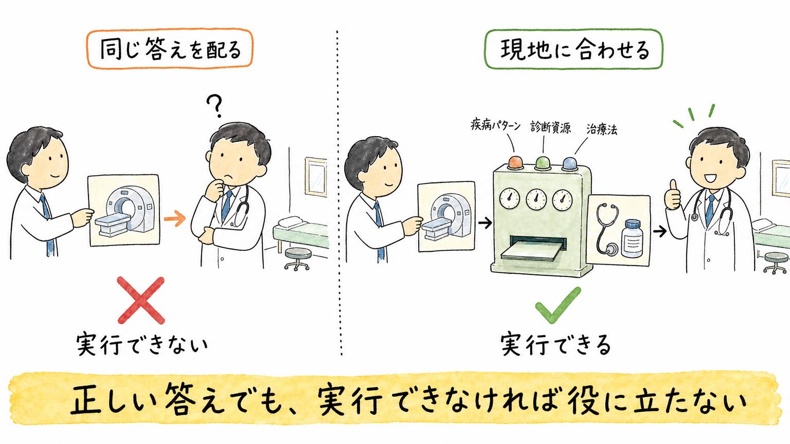 同じ答えを配ると実行できず、疾病パターン・診断資源・治療法に合わせて作り替えると実行できることを比べた図