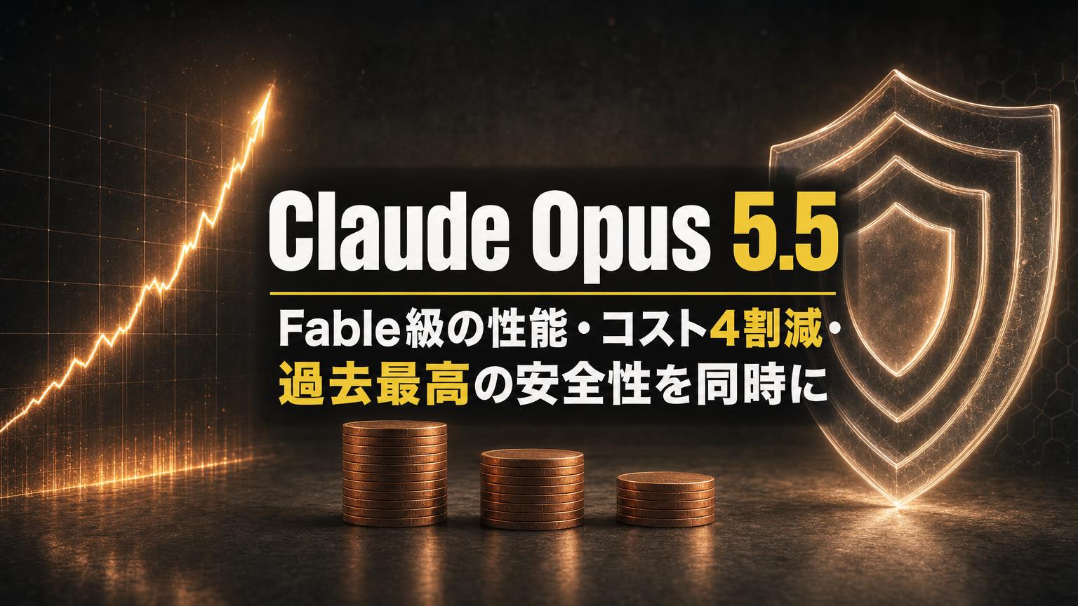 Claude Opus 5.5のアイキャッチ。上昇するグラフ、減っていくコインの山、盾を背景に、Fable級の性能・コスト4割減・過去最高の安全性を同時に、と書かれている