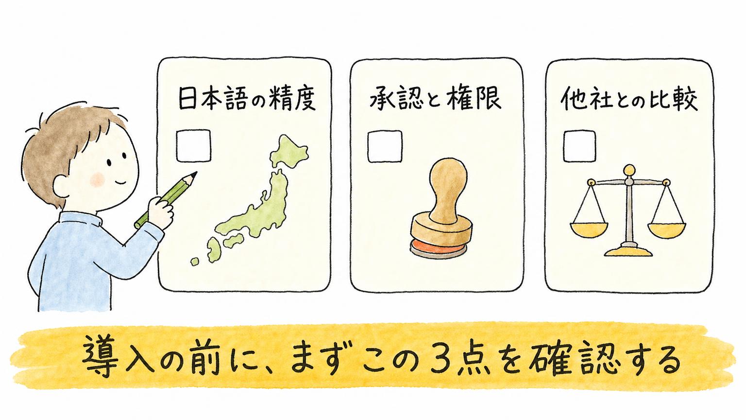 導入前に確認する3点として、日本語の精度、承認と権限、他社との比較を、3枚のチェックカードで示す図
