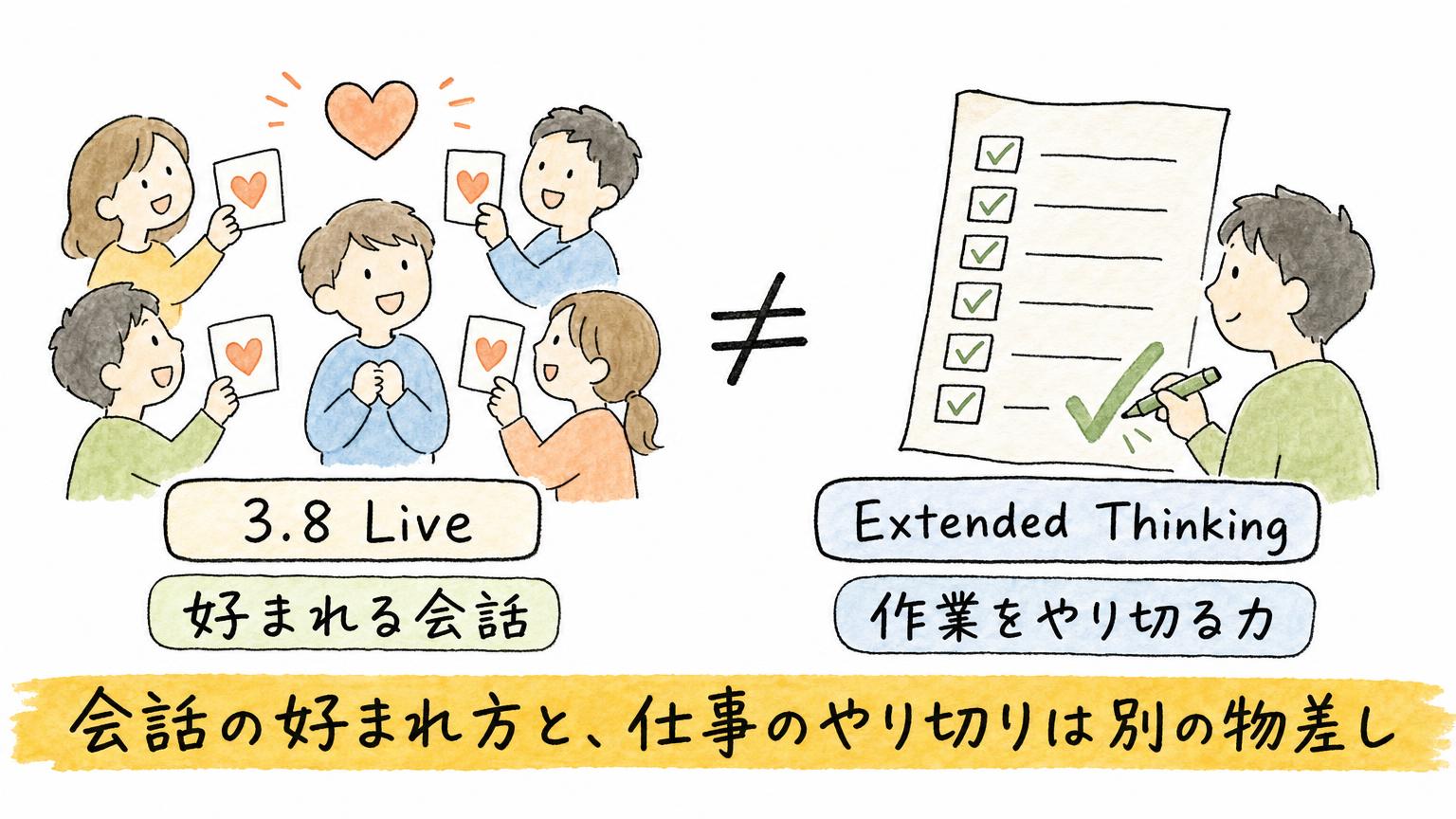 3.8 Liveは利用者に好まれる会話、Extended Thinkingは作業をやり切る力を測っており、評価の物差しが別であることを不等号で示す図