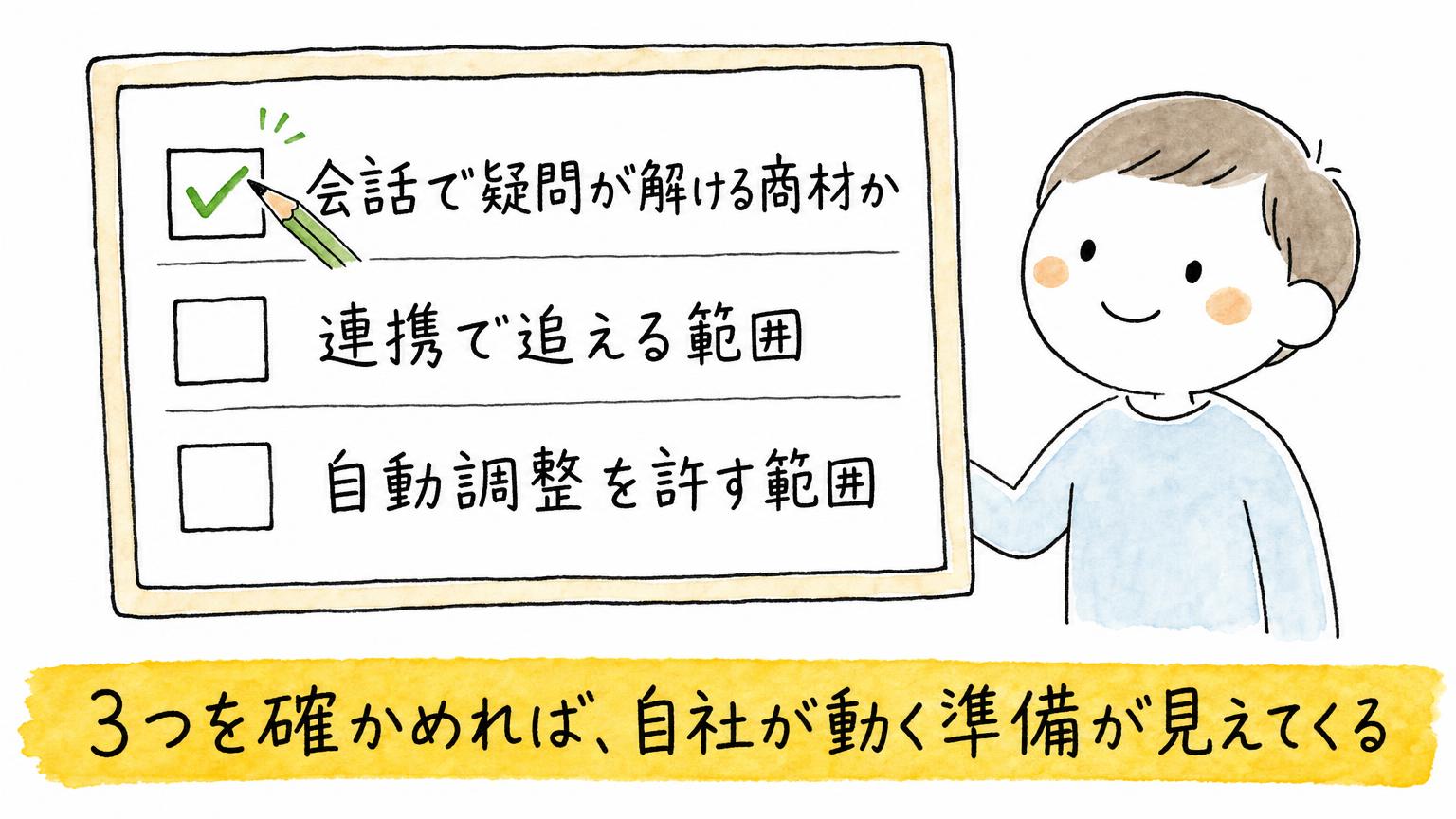 会話で疑問が解ける商材か、連携で追える範囲、自動調整を許す範囲という3つの確認項目を並べたチェックリストの図