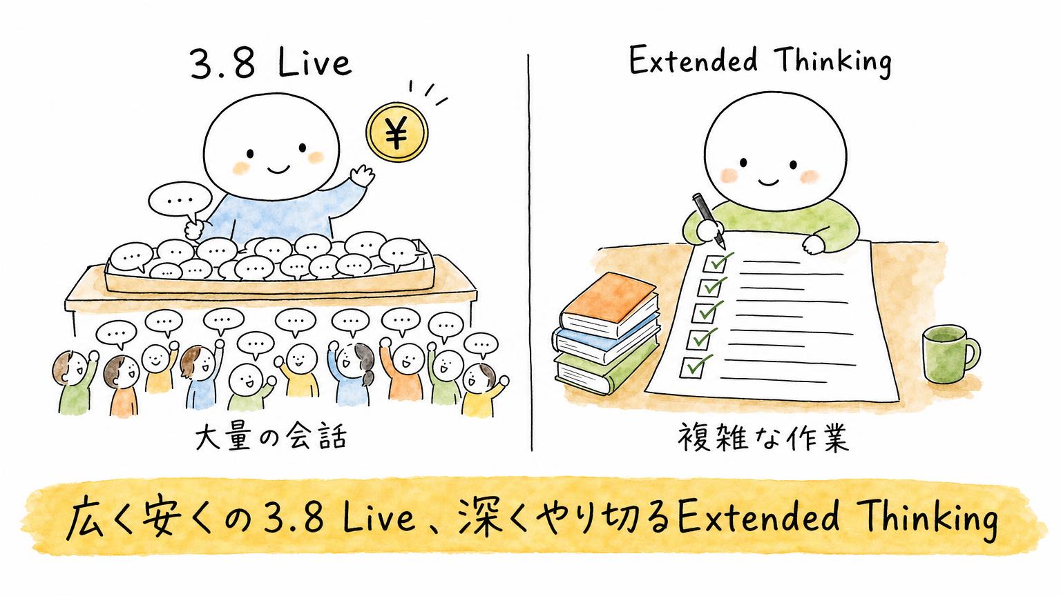 3.8 Liveは大量の会話をさばく低コストのモデル、Extended Thinkingはチェックリストの複雑な作業をやり切るモデルという役割分担を左右に対比した図