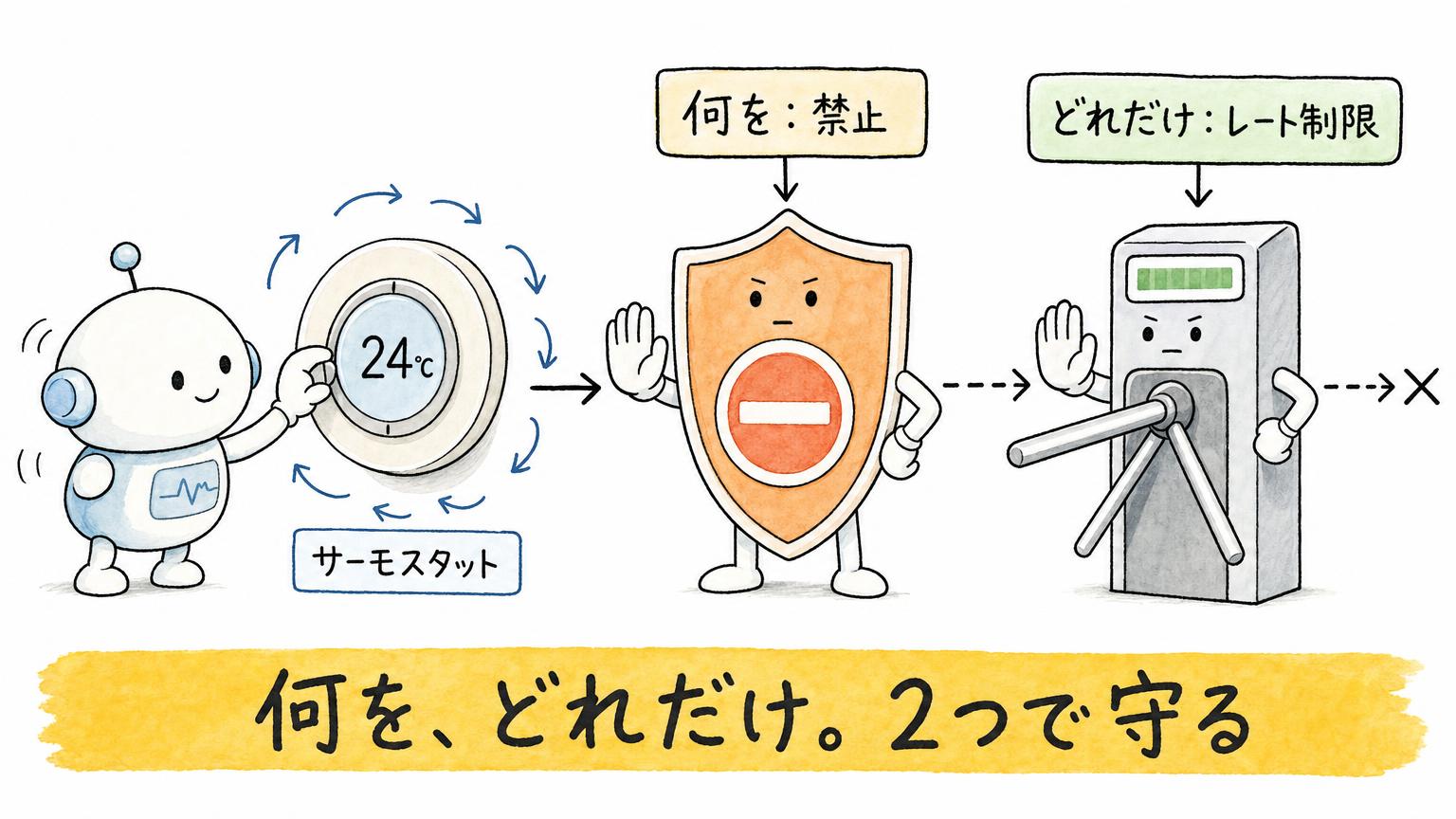 サーモスタットを繰り返し操作するAIに対し、何を操作させるかを止める禁止と、どれだけ操作させるかを抑えるレート制限の2つの守りを示す図 - 生成AIビジネス活用研究所 サーモスタットを繰り返し操作するAIに対し、何を操作させるかを止める禁止と、どれだけ操作させるかを抑えるレート制限の2つの守りを示す図