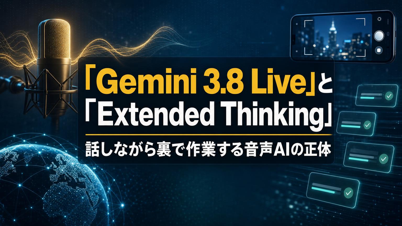 Gemini 3.8 LiveとExtended Thinkingの記事のアイキャッチ。マイクと音声の波形、スマホのカメラ画面、完了チェックの並ぶ作業カードを描いた画像