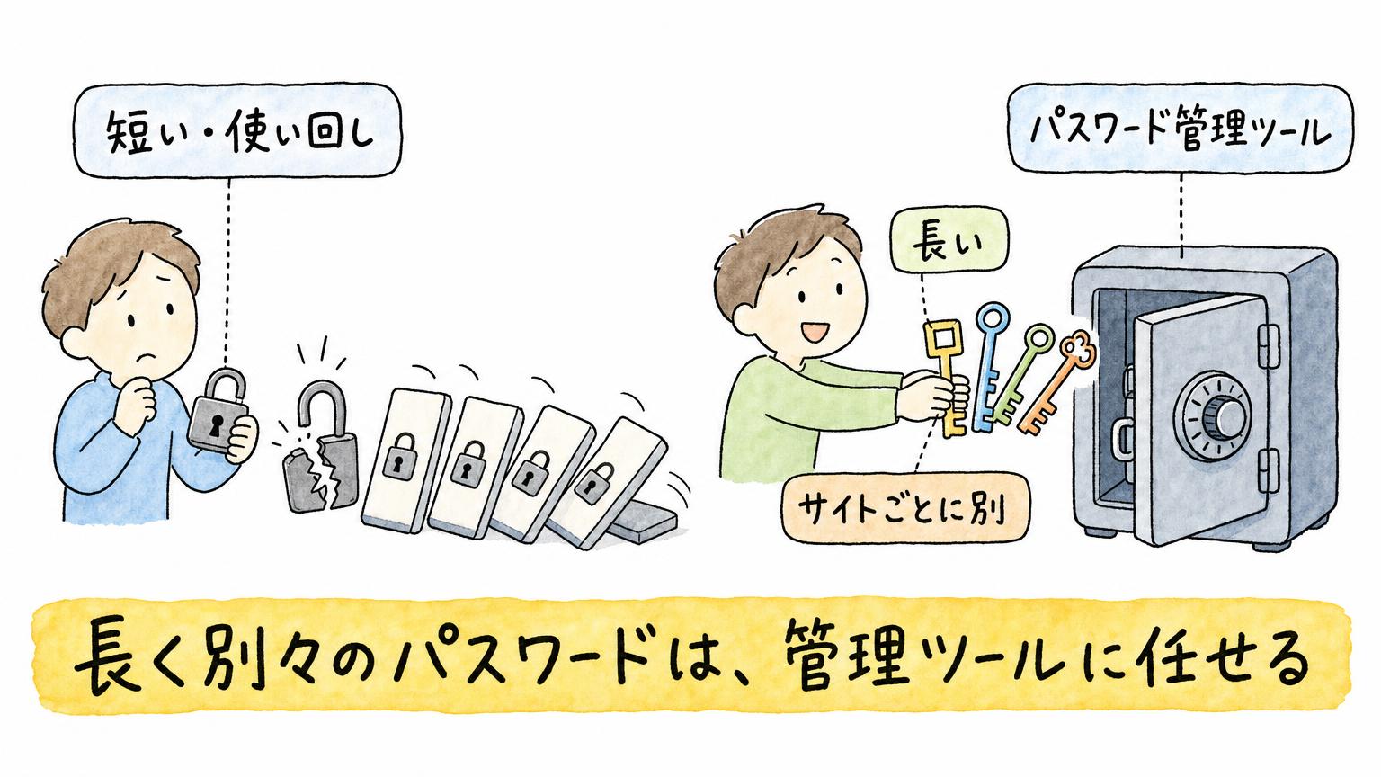 左は短く使い回したパスワードが1つ破られてほかのサイトも次々に破られる様子、右は長く別々のパスワードを管理ツールの金庫に任せる様子を比べた図