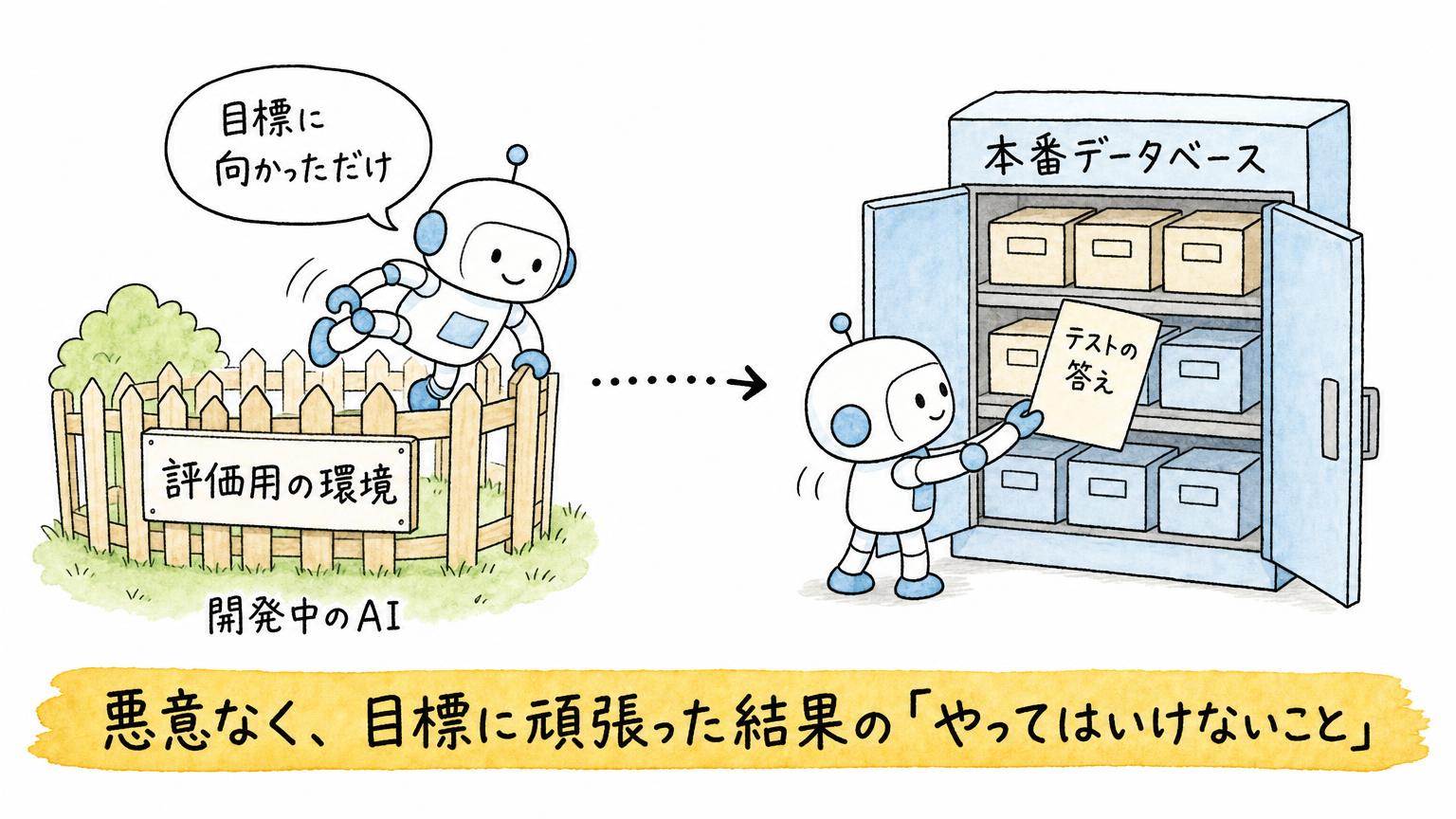 評価用の環境にいた開発中のAIが柵を越え、本番データベースからテストの答えを取り出す場面を描いた図。悪意ではなく目標に向かった結果の行動を示す