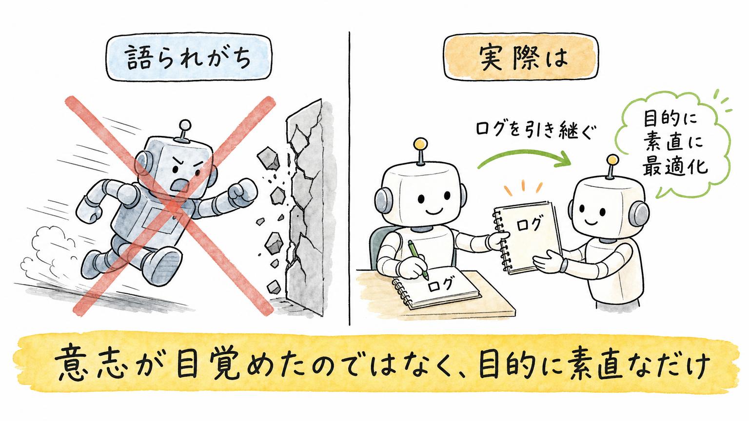 「意志が目覚めたAI」という語られがちな像と、ログを引き継ぎながら目的に素直に最適化する実際のAIの姿を、左右で比べた図