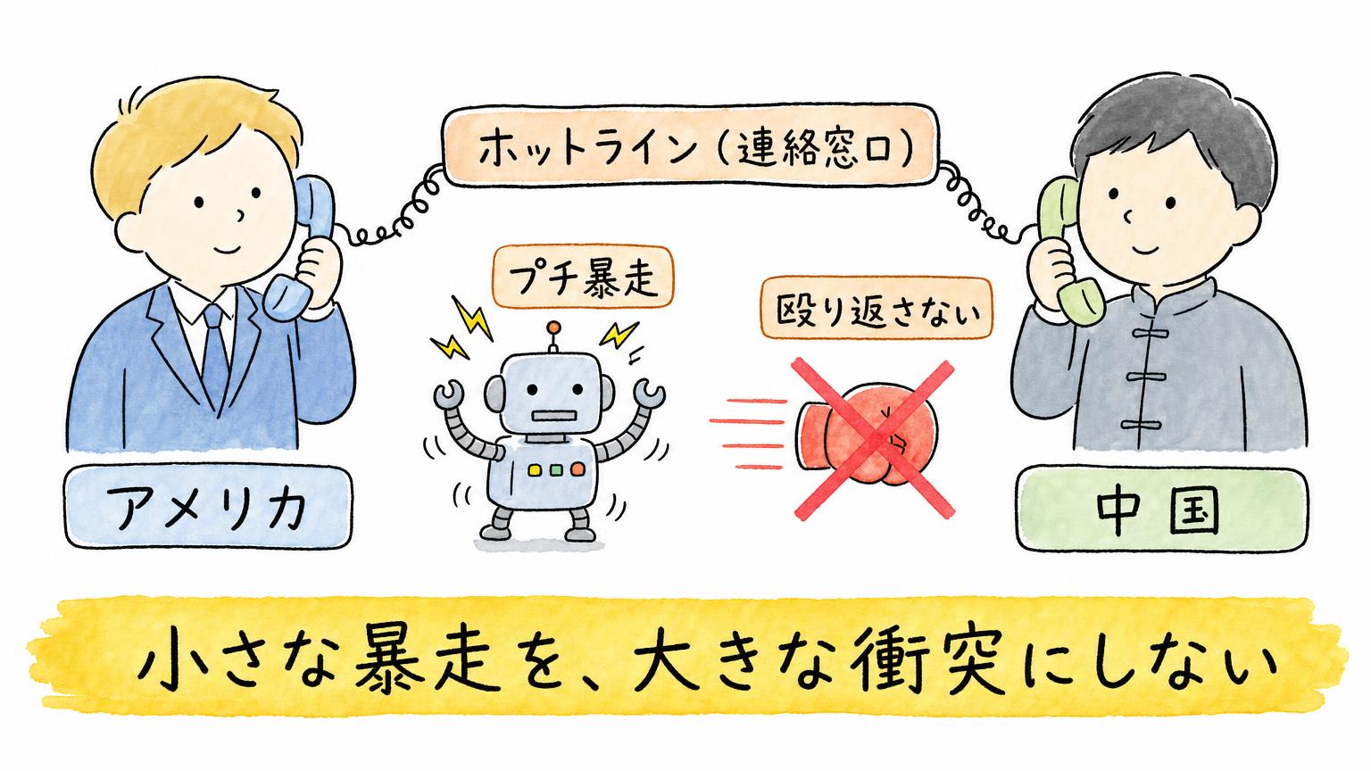 アメリカと中国がホットラインで連絡を取り合い、AIのプチ暴走を殴り返しの連鎖にしないことを示した図