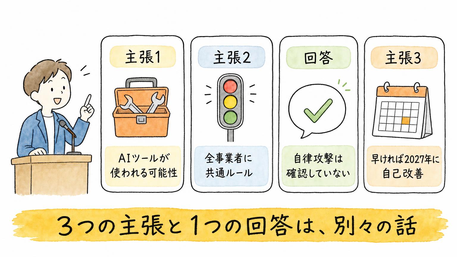 来日説明会でのクラーク氏の発言を、3つの主張と1つの回答に分けて並べた図。AIツールが使われる可能性、全事業者に共通ルール、自律攻撃は確認していない、早ければ2027年に自己改善の4枚