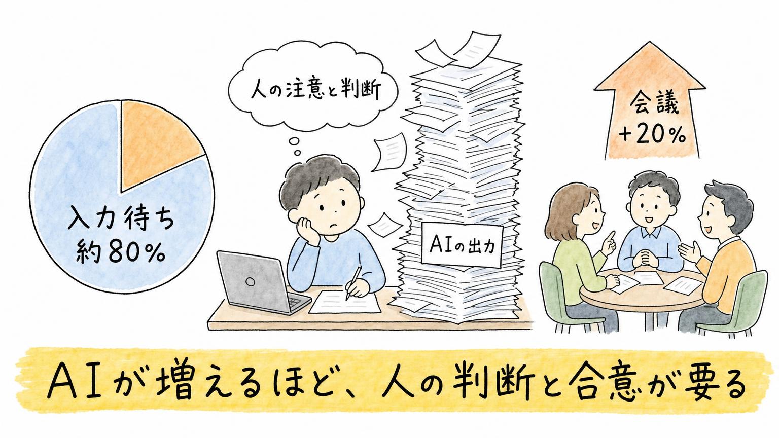 AIが実行を増やしたあと、人の注意と判断が新しい詰まりになることを示す図