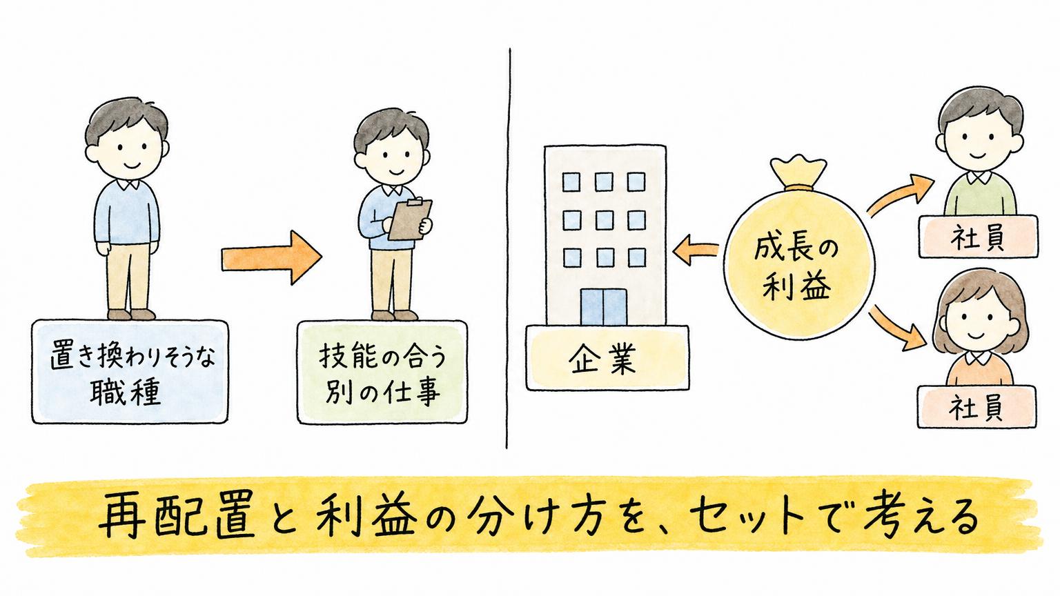 再配置と利益の分け方という、仕事の移動に関わる2つの論点を示す図