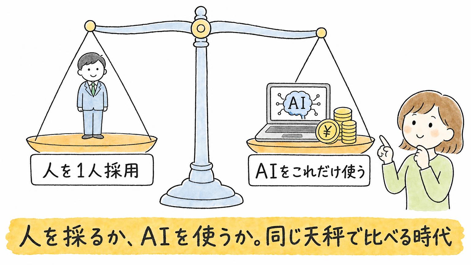 人を1人採用することと、AIをこれだけ使うことを、同じ天秤にのせて比べる時代を表した図