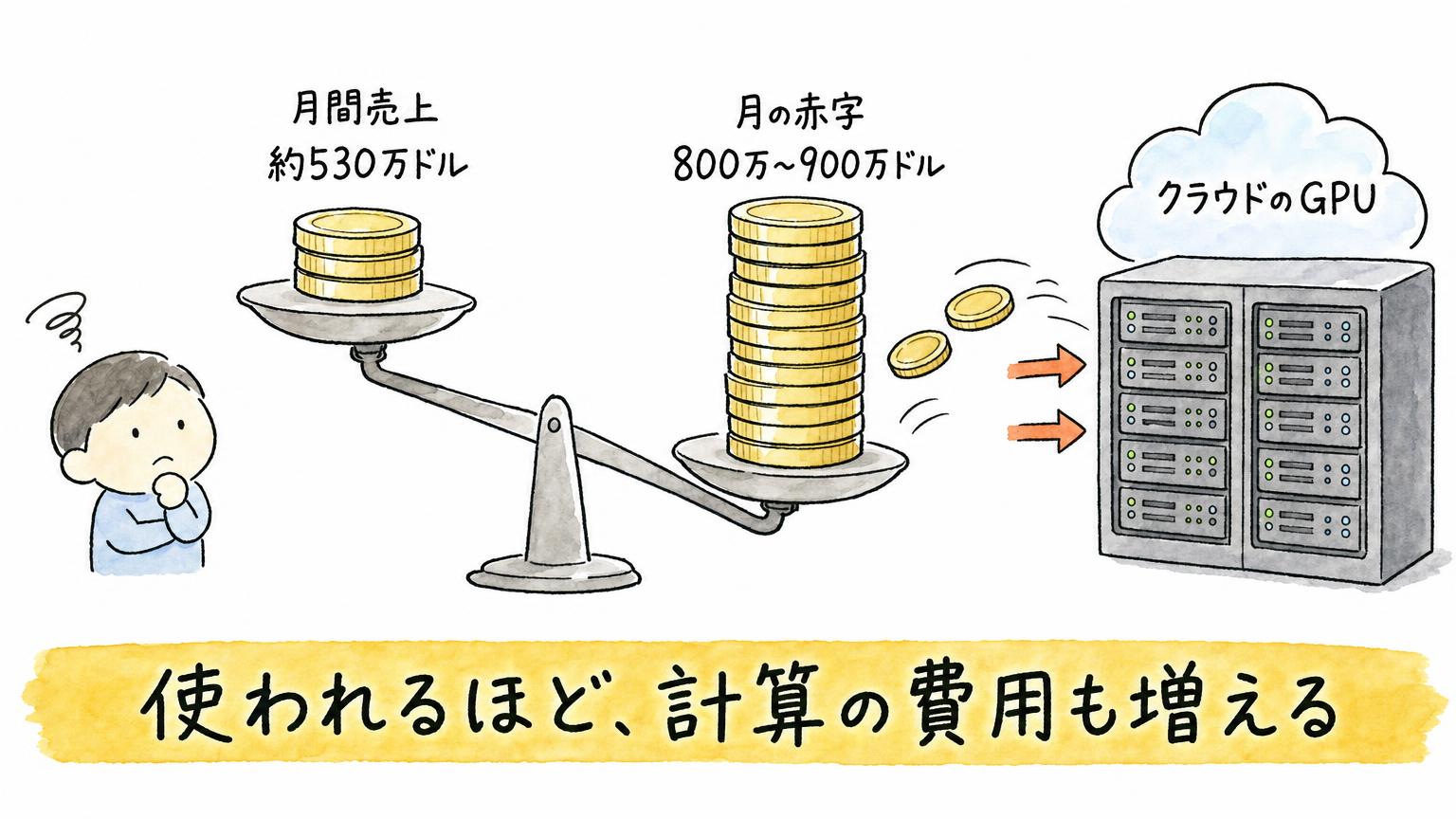月間売上約530万ドルに対し、月の赤字が800万〜900万ドルとなり、クラウドのGPU費用が重くのしかかる構造を天秤で示す図