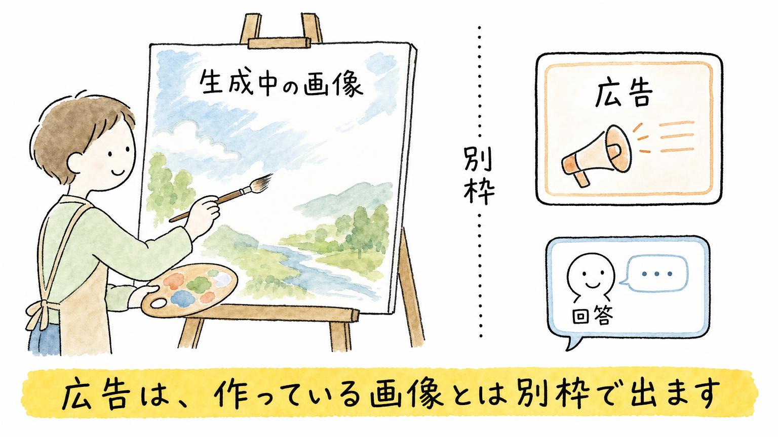 画像を描く人の横で、広告が回答とは別の枠に表示されることを示す図。生成中の画像と広告は分かれている