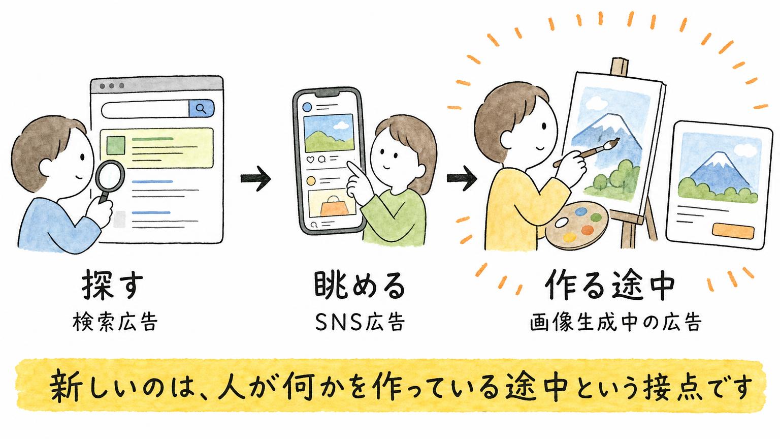 探す検索広告、眺めるSNS広告、作る途中の画像生成中広告という3つの接点を並べた図。新しいのは作っている途中という接点