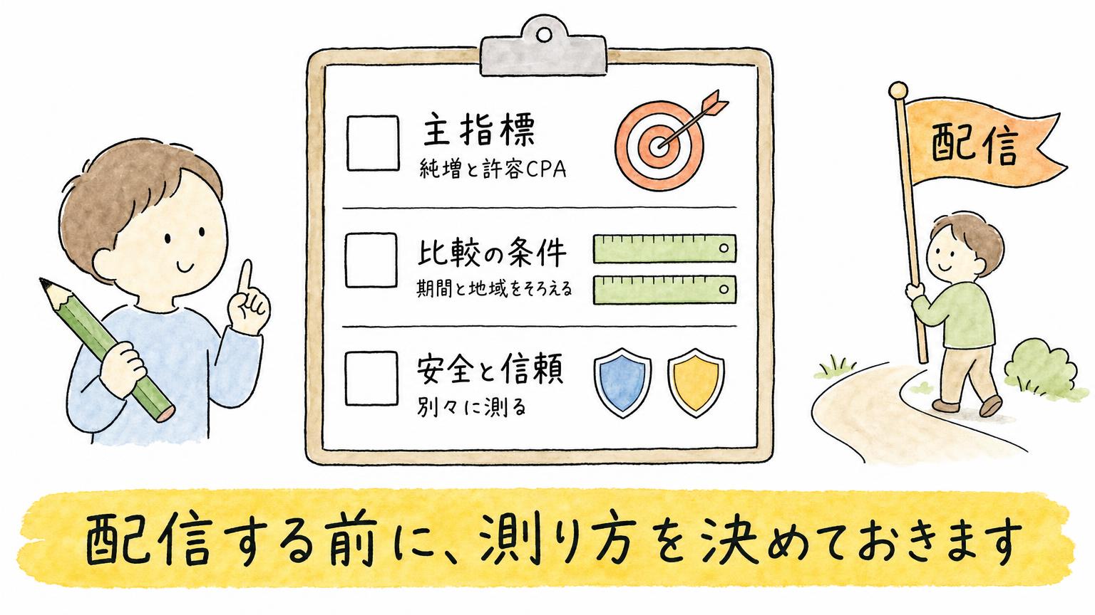 主指標、比較の条件、安全と信頼を別々に測ることという、配信前に決めておく3項目のチェックリスト
