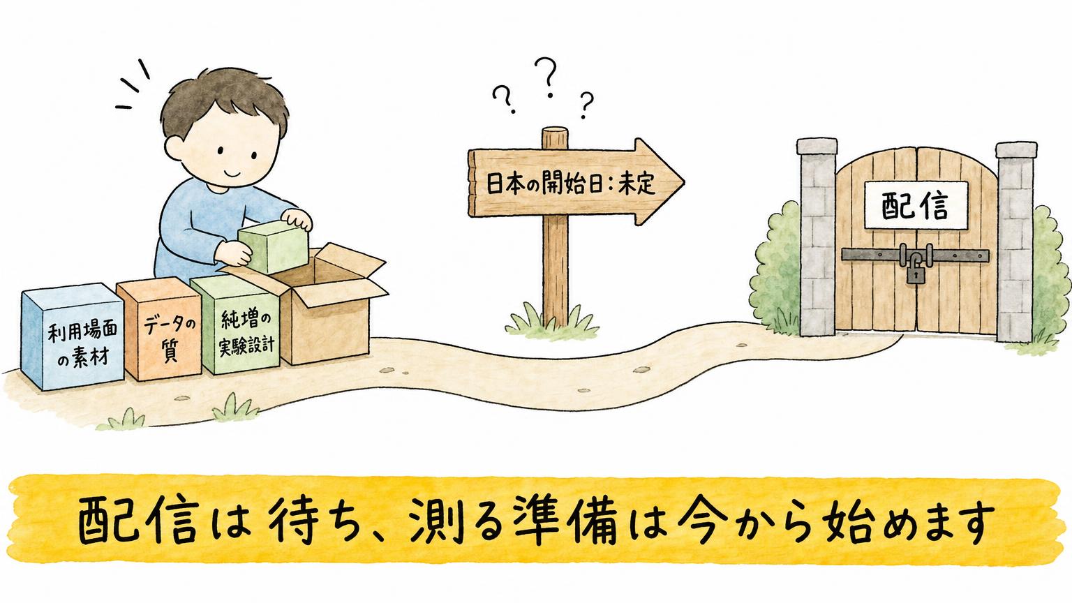 日本の開始日は未定で配信の門は閉じている一方、利用場面の素材、データの質、純増の実験設計を今から準備する様子を示す図
