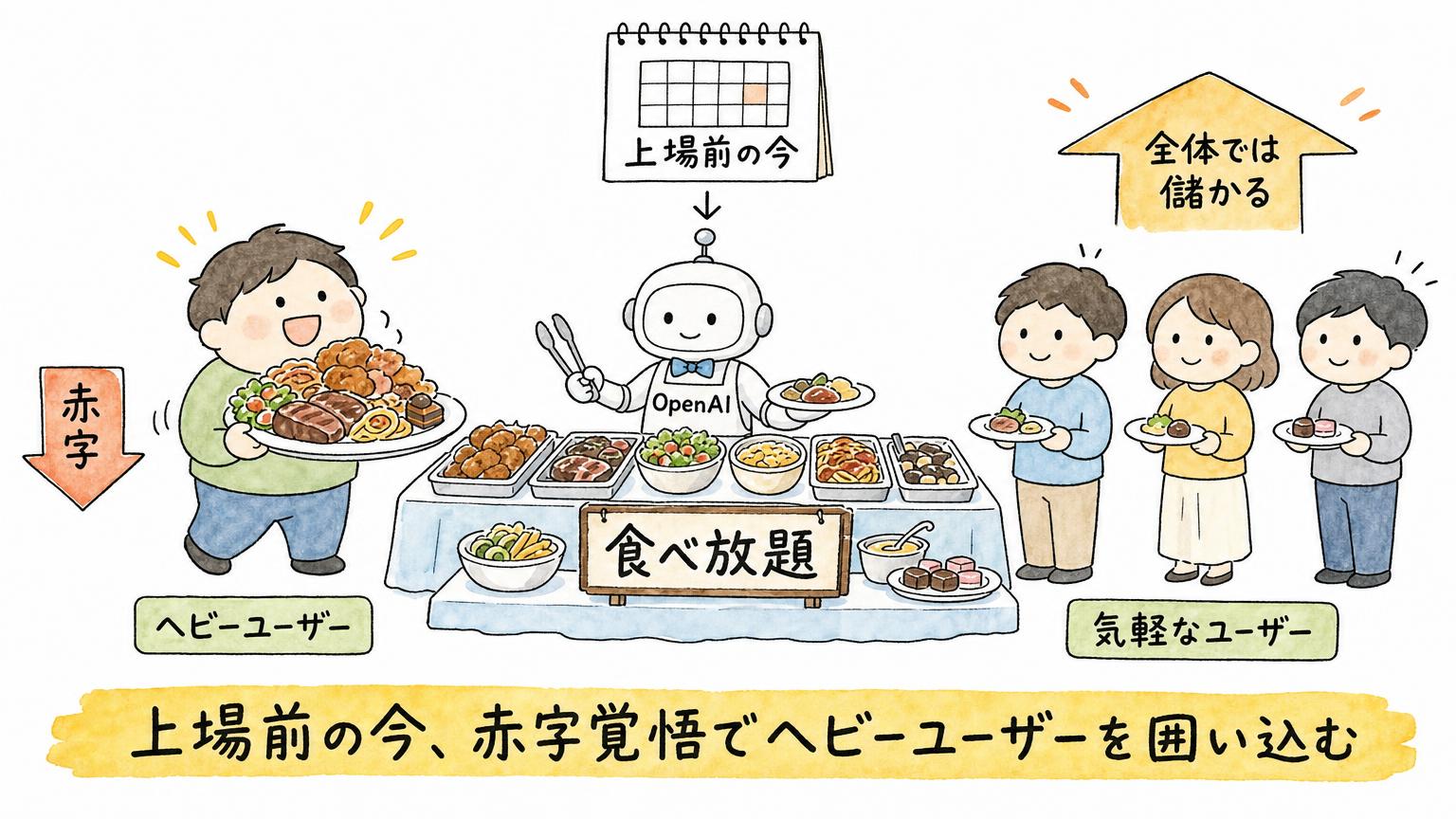 「上場前の今、赤字覚悟でヘビーユーザーを囲い込む」というOpenAIの狙いを示す解説イラスト