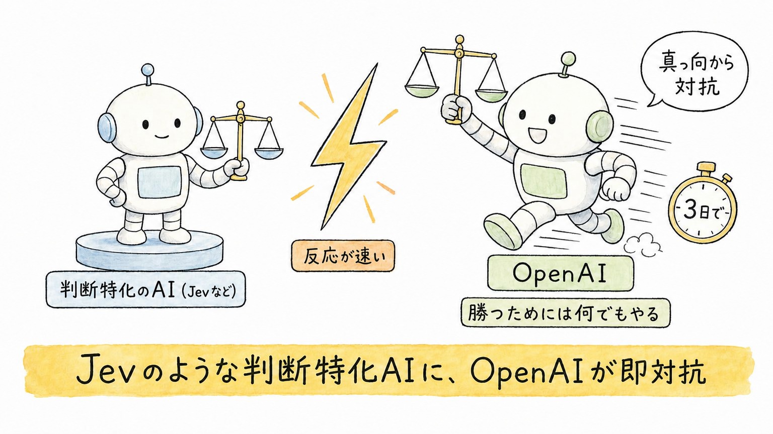 「Jevのような判断特化AIに、OpenAIが即対抗」という動きを示す解説イラスト