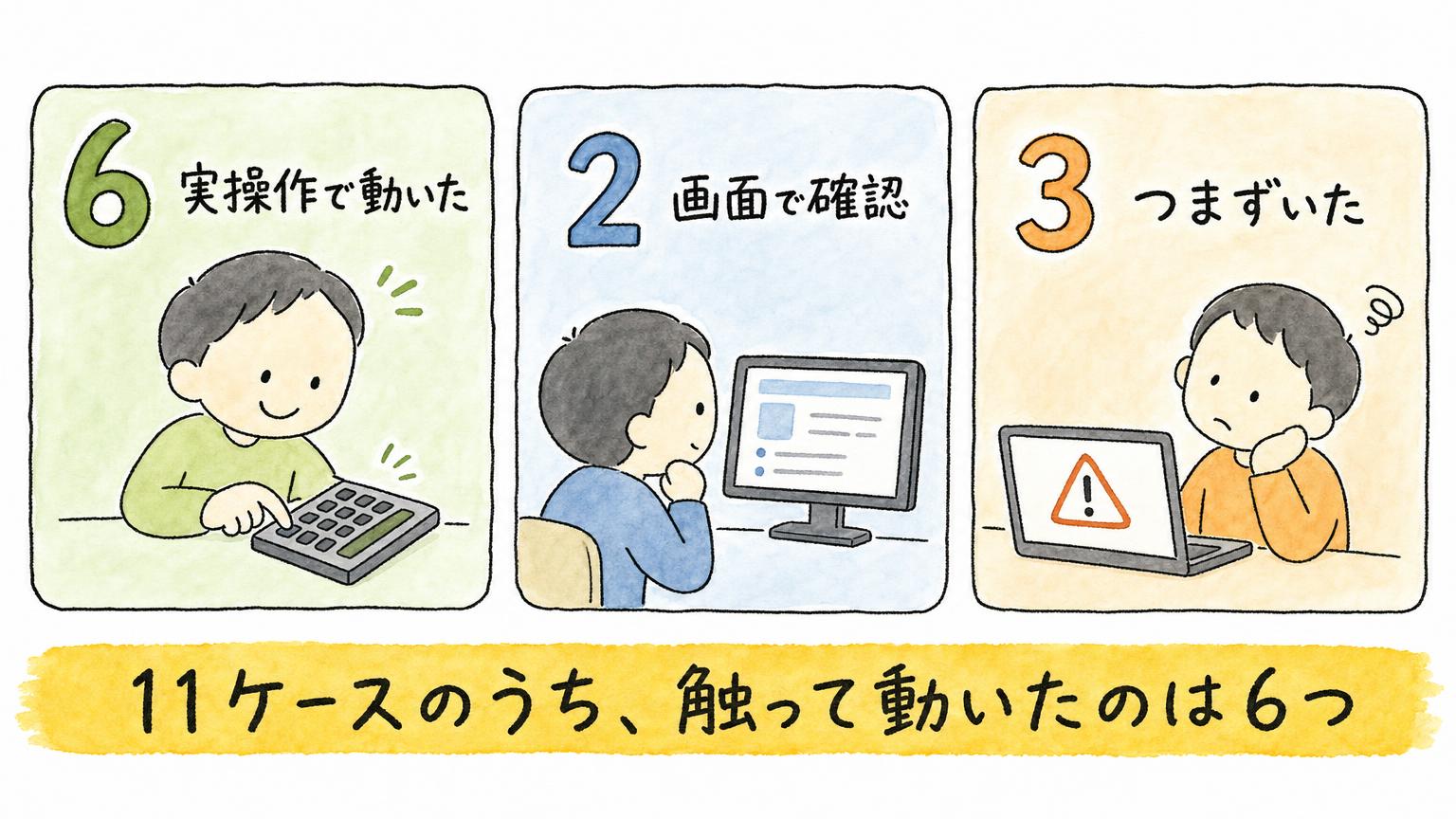 11ケースの内訳を示す図。実操作で動いたのが6つ、画面で確認したのが2つ、つまずいたのが3つ
