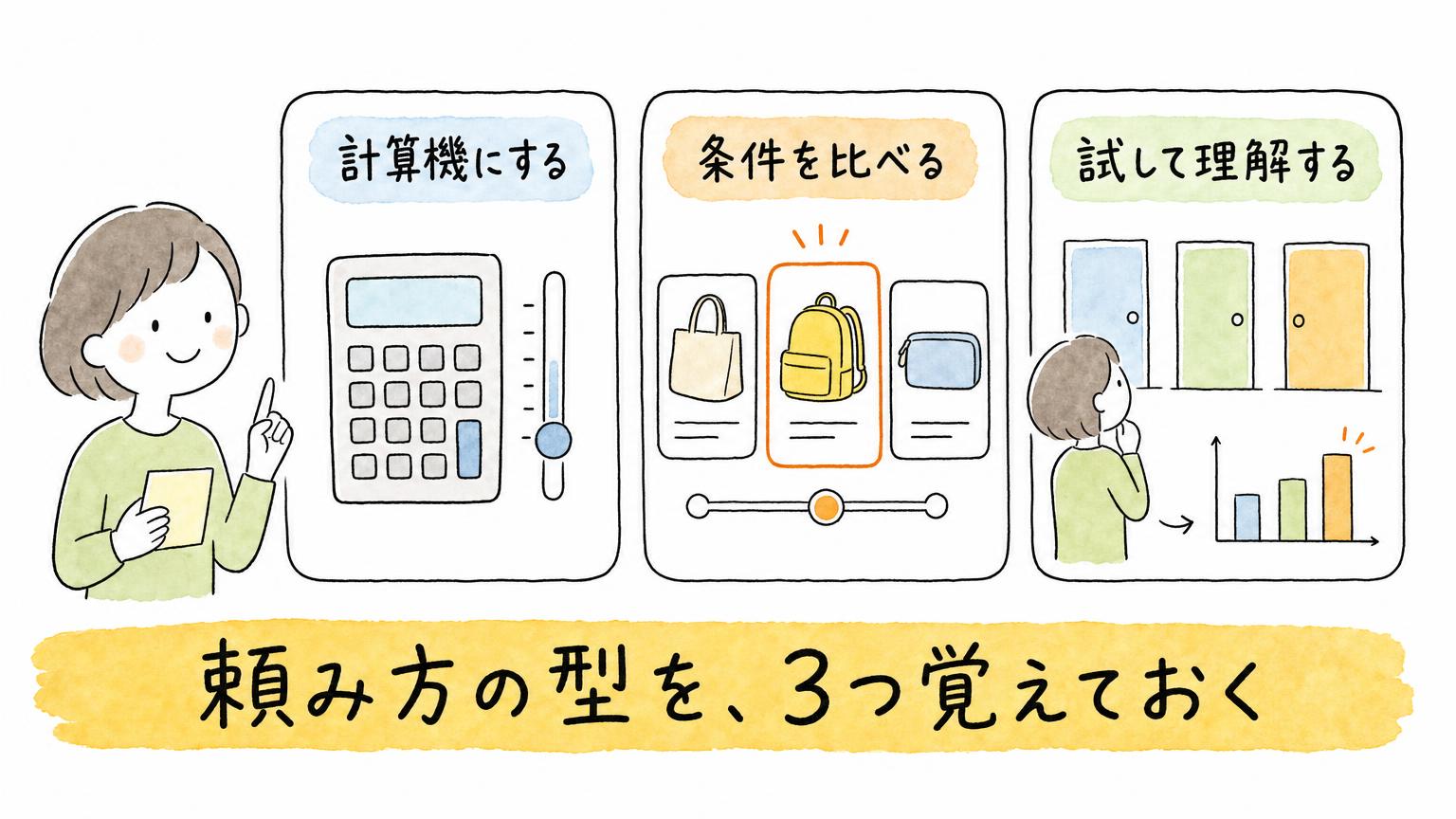 計算機にする、条件を比べる、試して理解するという、3つの頼み方の型を示す図