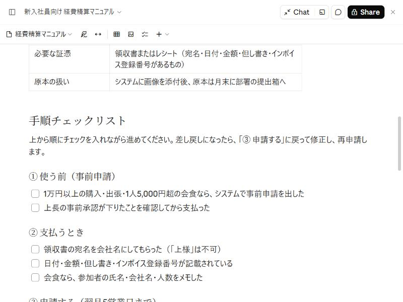 経費精算マニュアルの、使う前から入金確認までの5段階のチェックリスト