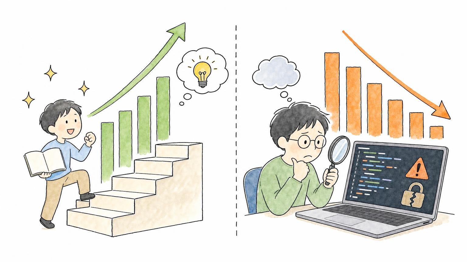 プログラミング未経験者は階段を上るように実感度が上がり、システム開発の経験者は実装リスクに目が向いて実感度が下がる対比を示す図