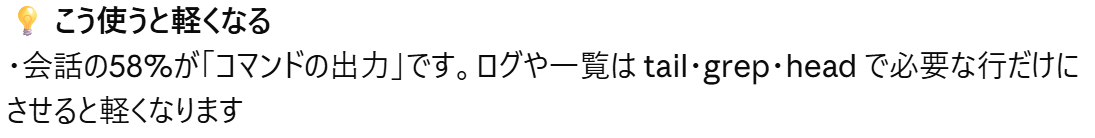 ペインの助言欄「こう使うと軽くなる」。会話の58%がコマンドの出力で、tail・grep・headで必要な行だけにするよう勧める画面