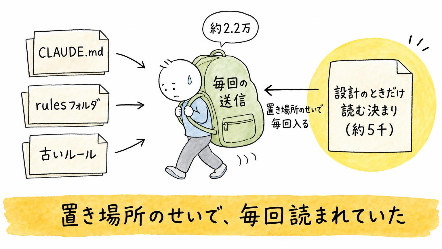 毎回の送信という重いリュックに、CLAUDE.mdやrulesフォルダ、古いルール、設計のときだけ読む決まり（約5千）が置き場所のせいで毎回入っていた様子を示す図