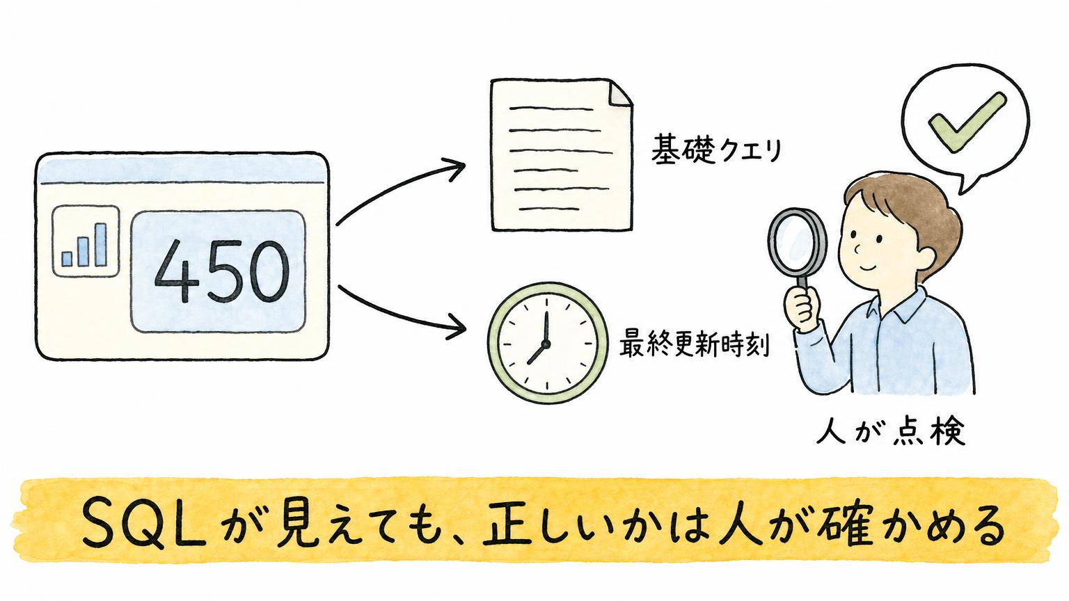 ダッシュボードの数値450から、基礎クエリと最終更新時刻をたどり、SQLが見えても正しいかは人が確かめることを示す図