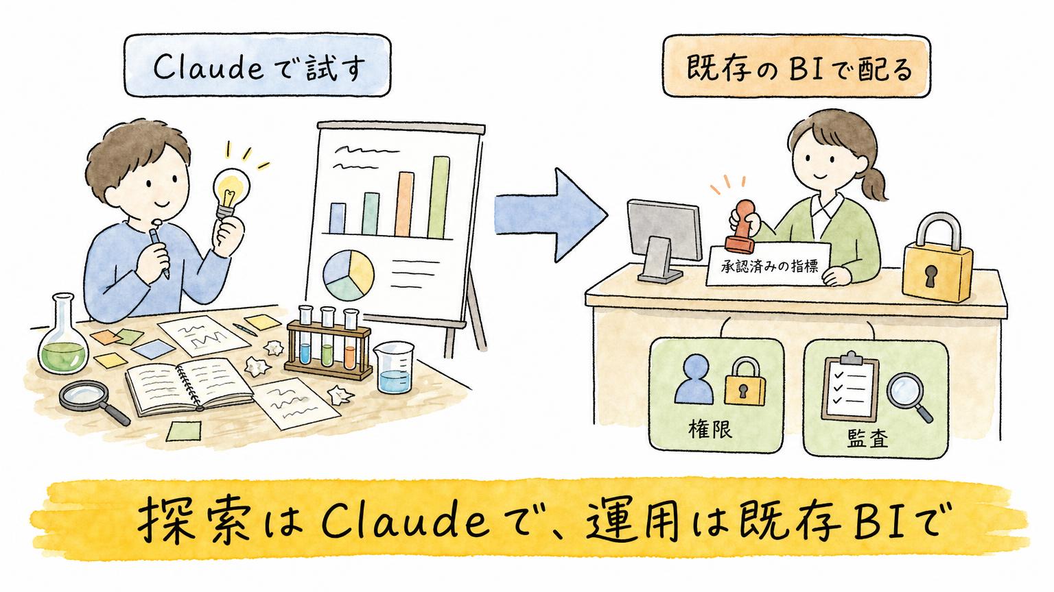 試す前工程はClaude、承認済みの指標・権限・監査が要る配布の後工程は既存のBIと、役割を分けて示す図