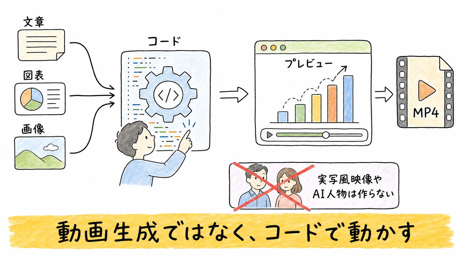 文章・図表・画像をコードで動かしてプレビューし、MP4に書き出す流れを示す図。動画生成モデルは使わず、実写風映像やAI人物は作らない