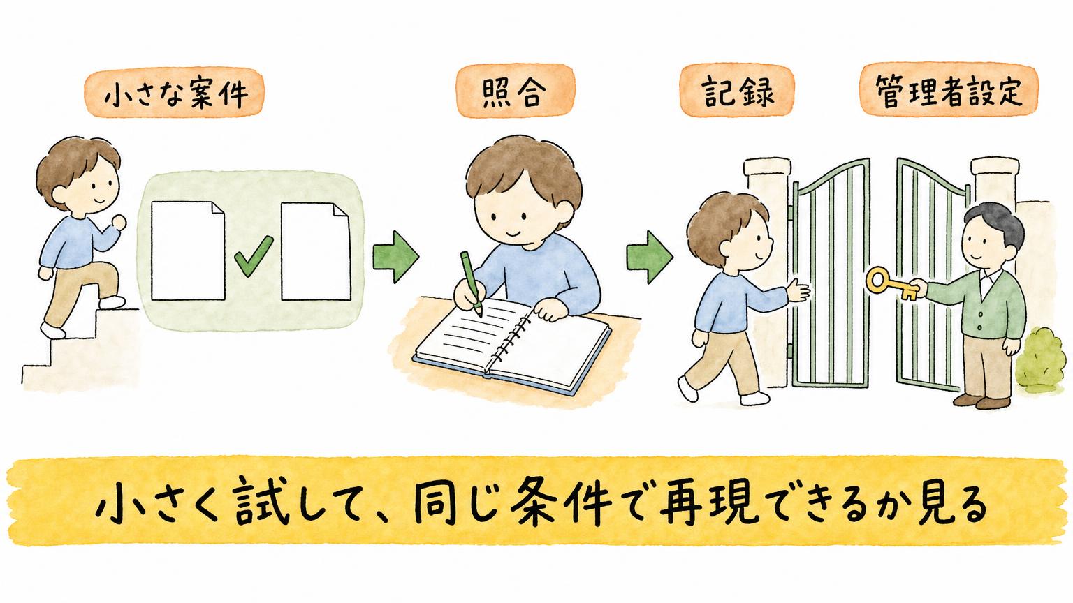 小さな案件で試し、既存の数字と照合し、結果を記録し、管理者設定を確認する導入の4段階を示す図