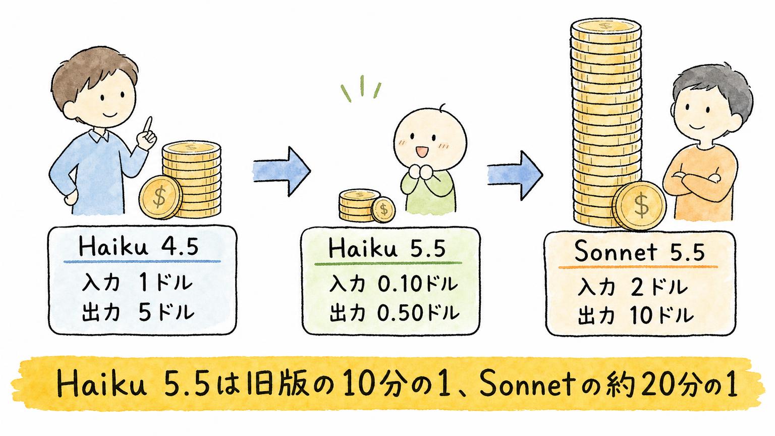 Haiku 4.5は入力1ドル・出力5ドル、Haiku 5.5は入力0.10ドル・出力0.50ドル、Sonnet 5.5は入力2ドル・出力10ドルと並べ、Haiku 5.5が旧版の10分の1であることを示す図