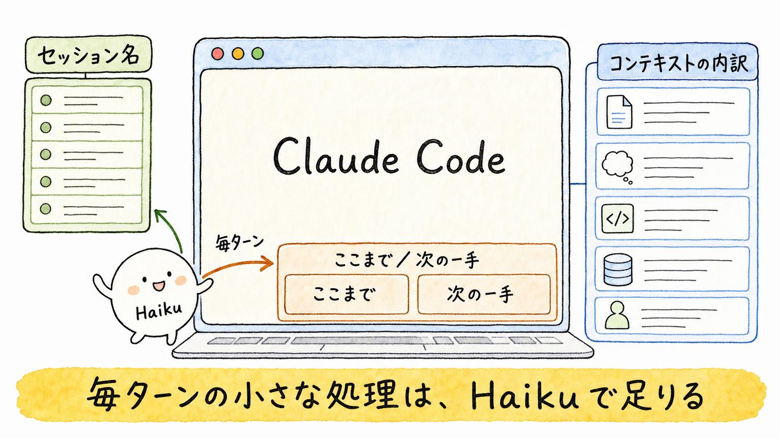 Claude Codeの画面に、左のセッション名、下の「ここまで／次の一手」、右のコンテキストの内訳が並び、Haikuが毎ターン更新する構成を示す図