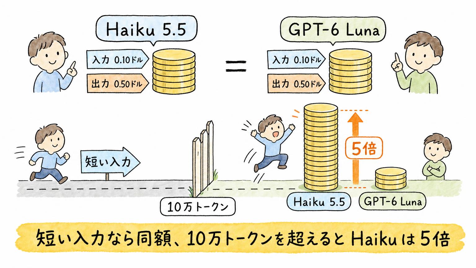 Haiku 5.5とGPT-6 Lunaは短い入力なら同額で、入力10万トークンを超えるとHaikuだけ約5倍になることを示す図