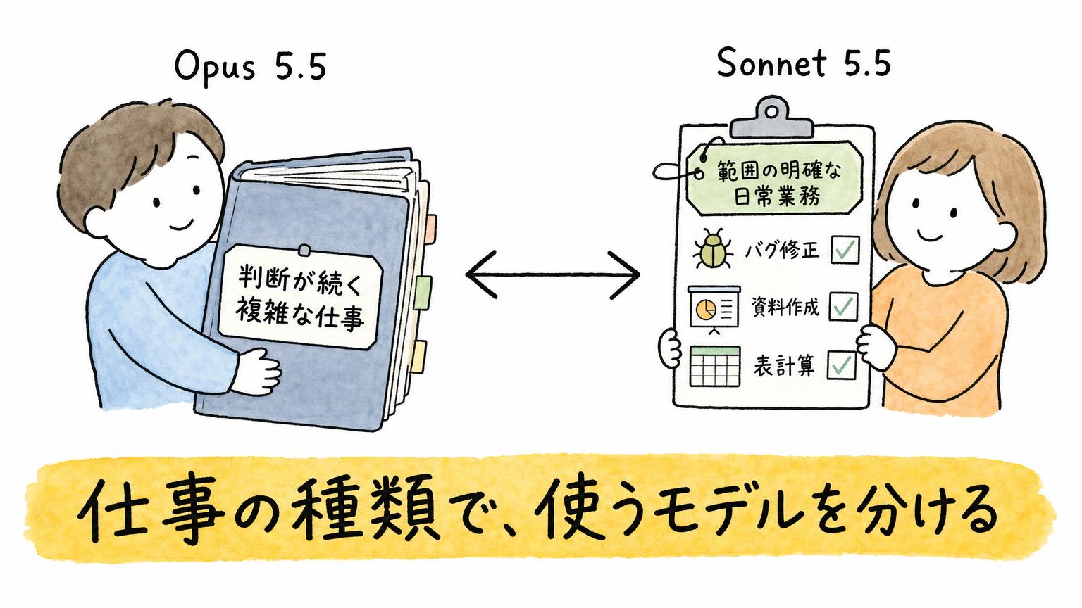 Opus 5.5が判断の続く複雑な仕事を、Sonnet 5.5がバグ修正・資料作成・表計算といった範囲の明確な日常業務を担う役割分担の図