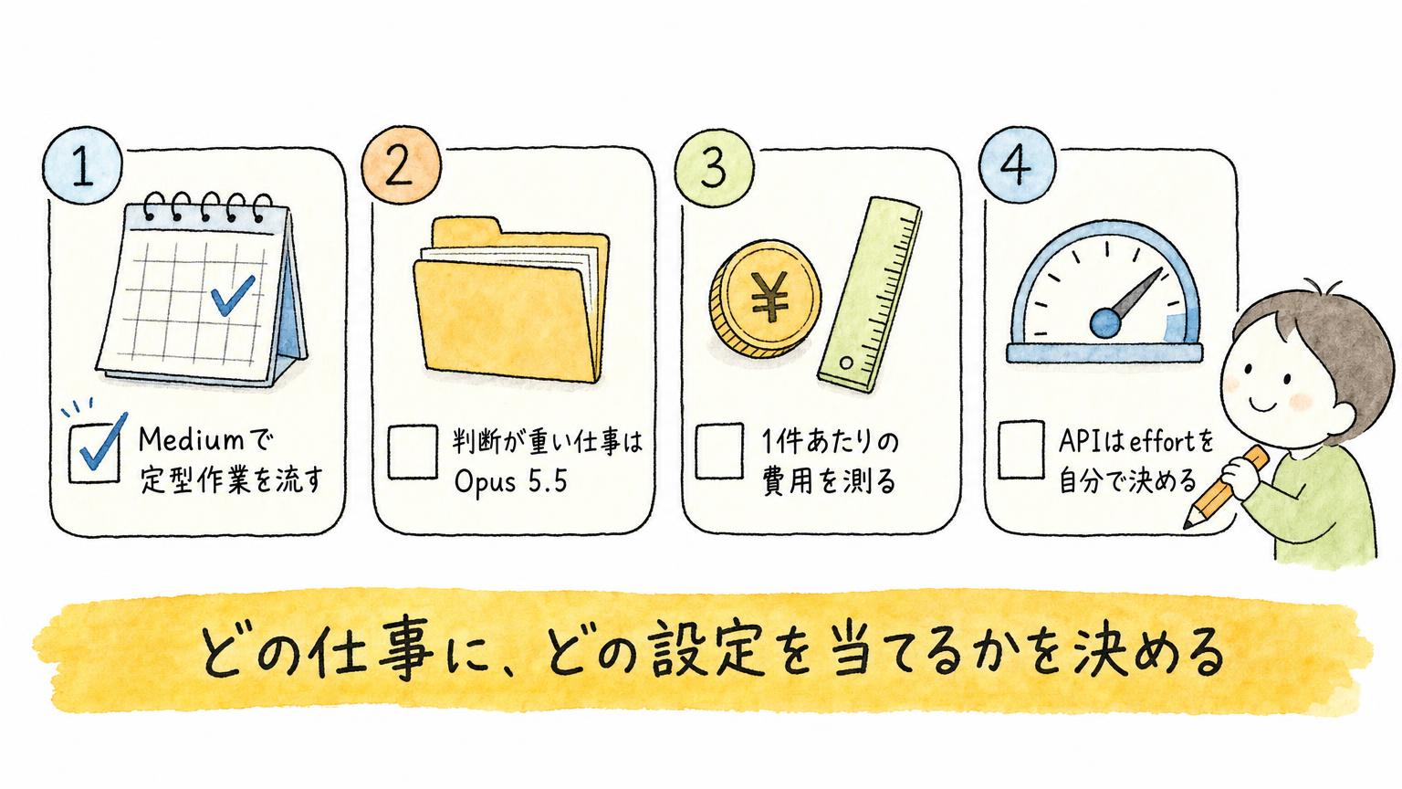 明日から試す4つの行動を、Mediumで定型作業を流す、判断が重い仕事はOpus 5.5へ、1件あたりの費用を測る、effortを自分で決める、の順に並べたチェックリストの図
