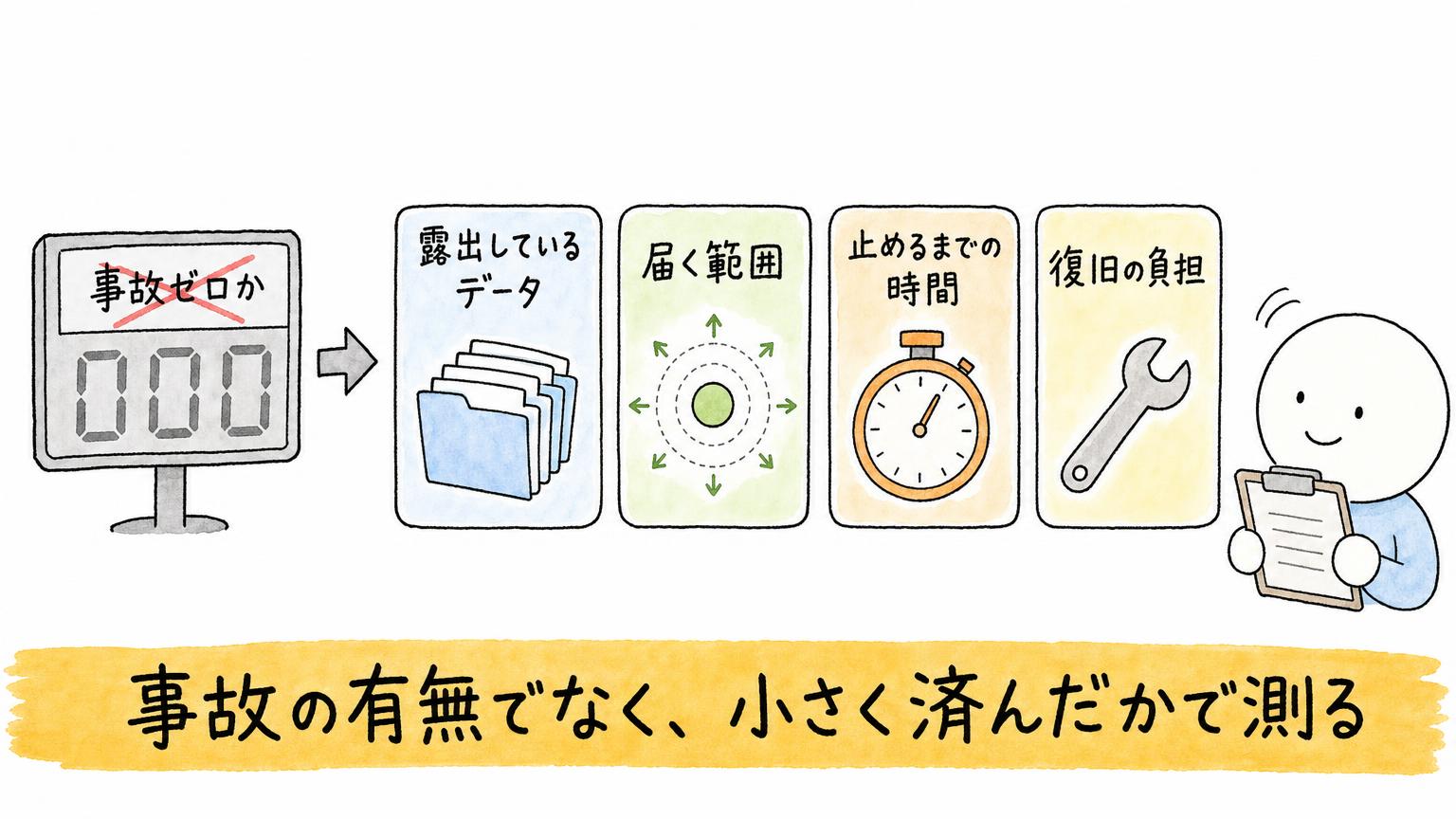 セキュリティ投資を事故ゼロかではなく、露出しているデータ、届く範囲、止めるまでの時間、復旧の負担の4指標で測ることを示した図