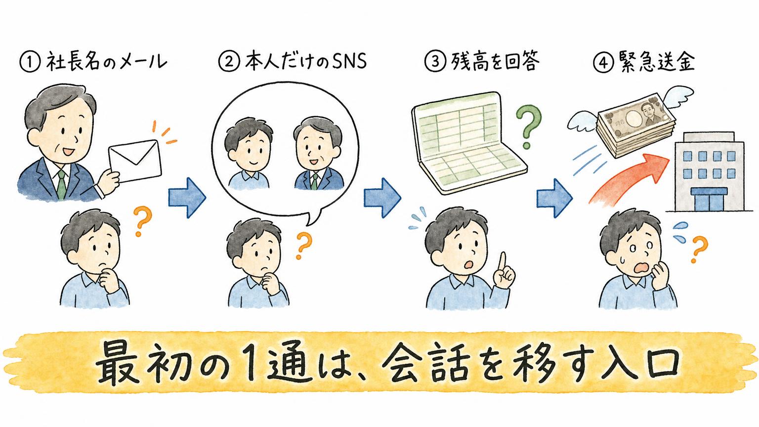 社長名のメール、本人だけのSNS、残高の回答、緊急送金と進む、ニセ社長詐欺の4段階を示す図