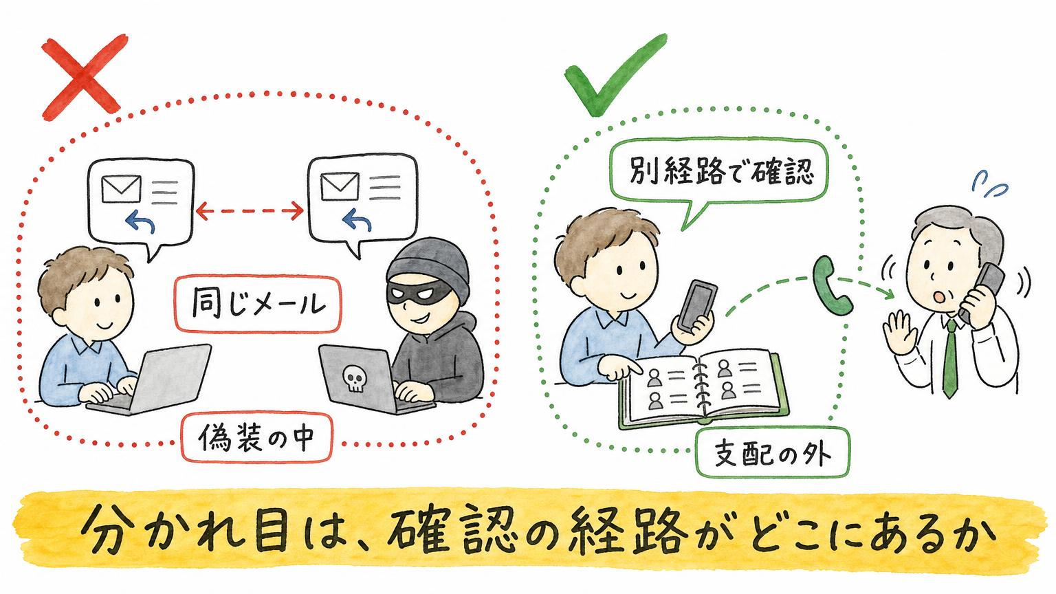 同じメールで確認する偽装の内側と、別経路で確認する支配の外とを比べて分かれ目を示す図