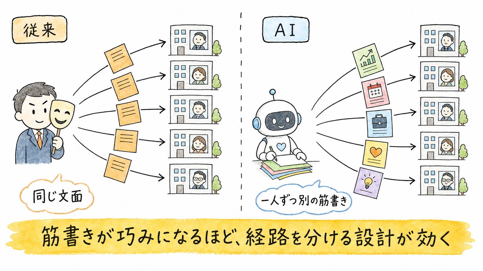 従来は同じ文面が一斉に届き、AIでは会社ごとに別の筋書きが作られる対比図